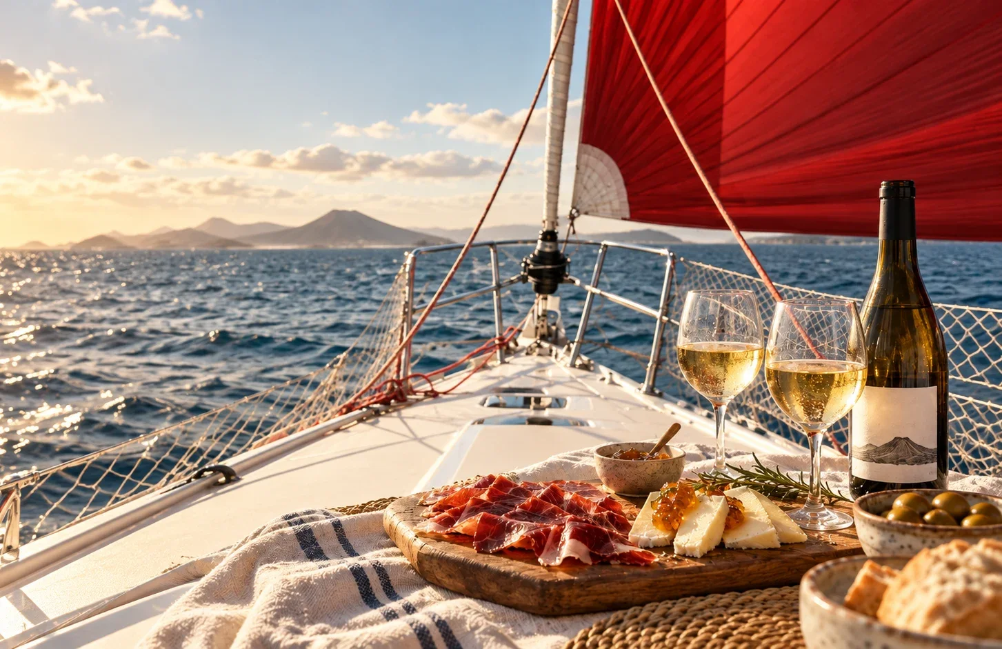 Tabla de quesos de cabra de Lanzarote, jamón y vino Malvasía a bordo